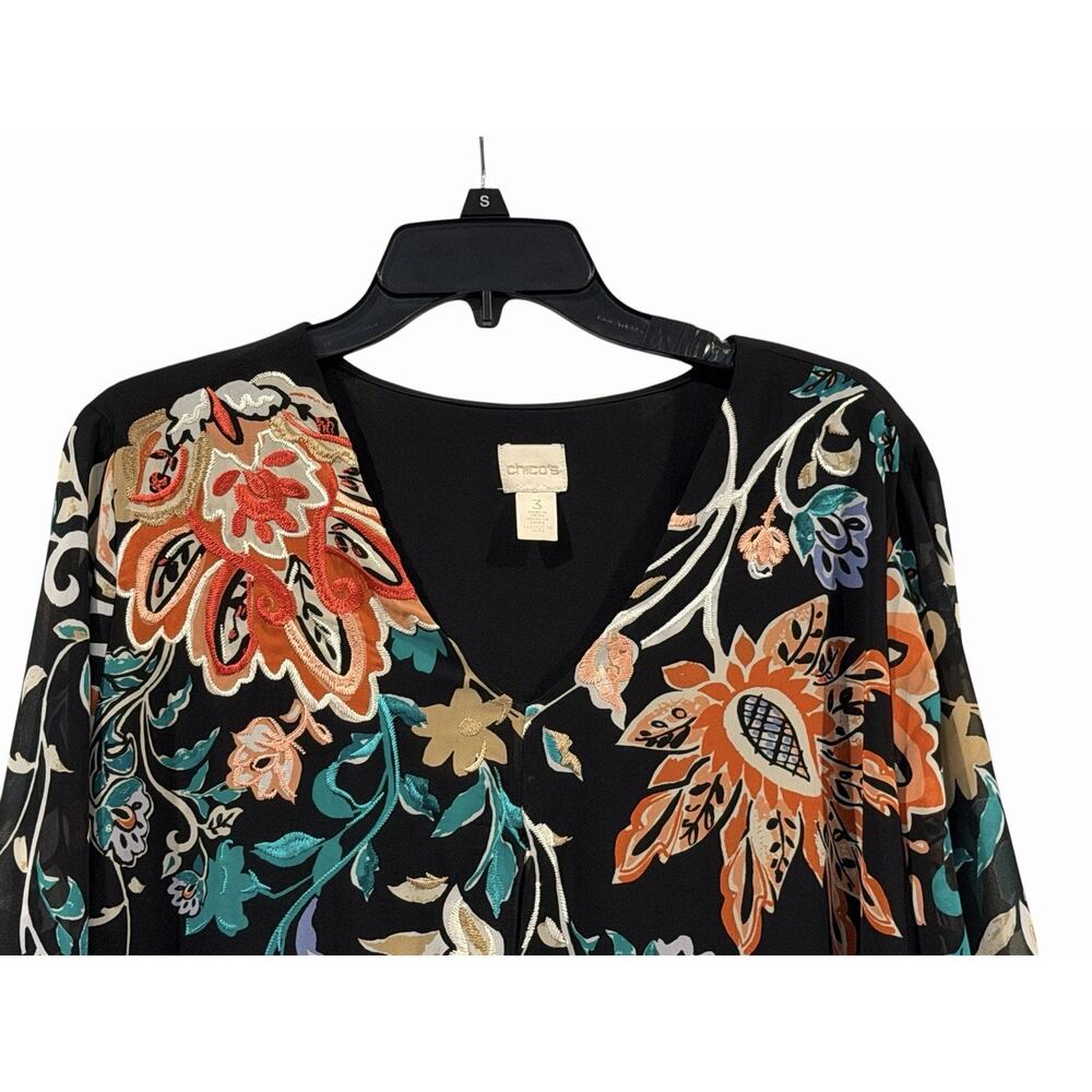 Chico’s Black Tunic Too W/ Multicolor Floral Embroidery Size XL Sheer Overlay - Picture 3 of 14